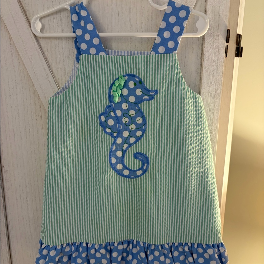 Seersucker Summer dress Girls size 3t Blue Green Sundress Seahorse Bailey Boys - Picture 2 of 5